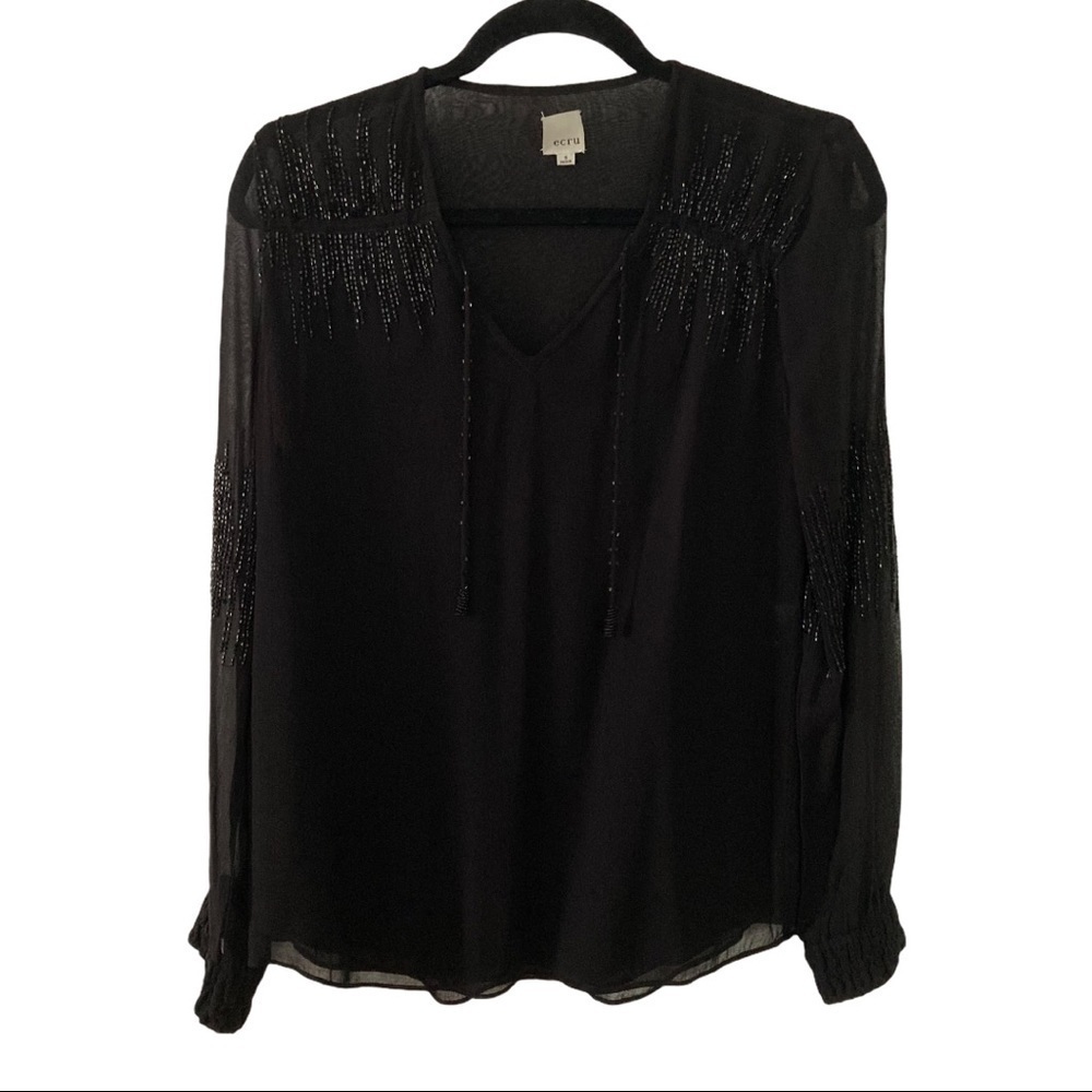 Ecru Black Tie Neck Beaded Blouse w/Sheer Sleeves